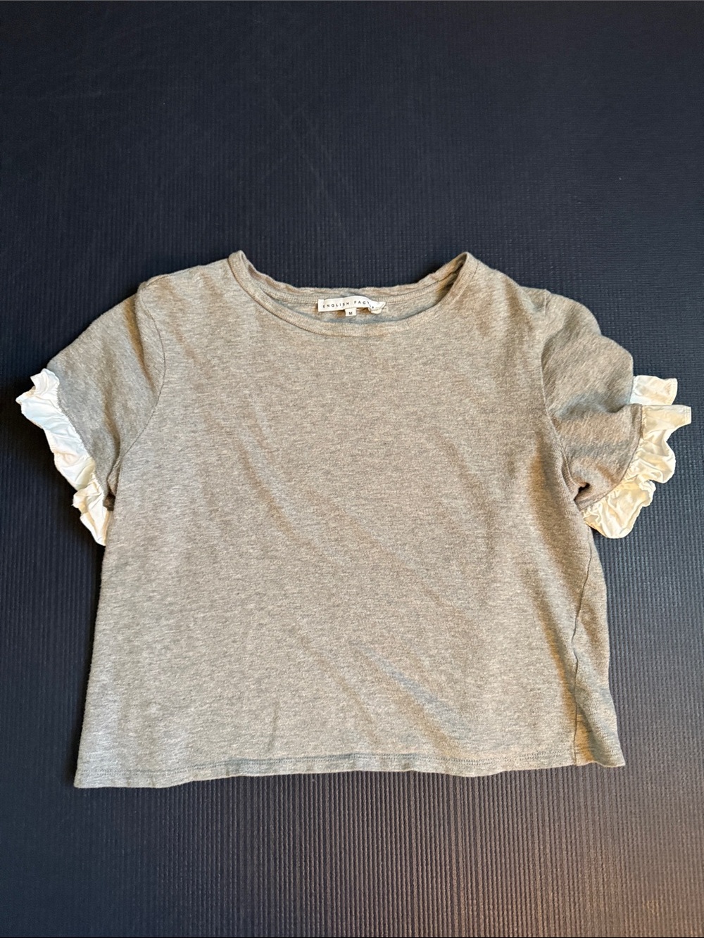 English Factory Gray Sweater Tee with White Ruffle Sleeves, Medium
